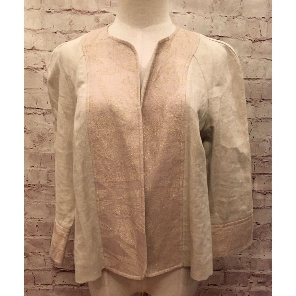 Coldwater Creek Linen Open Front Jacket Beige Gold Brocade Floral  Size S NEW